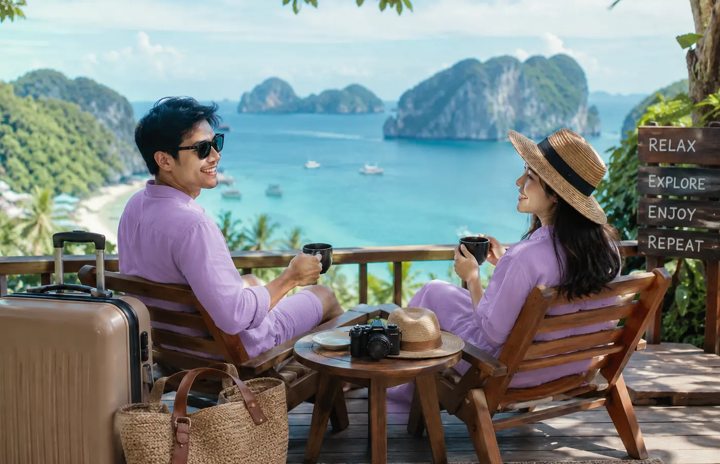 Pasangan Indonesia menikmati liburan dengan nyaman sambil membawa koper.