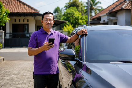 An Indonesian man stands next to his car holding a cell phone.