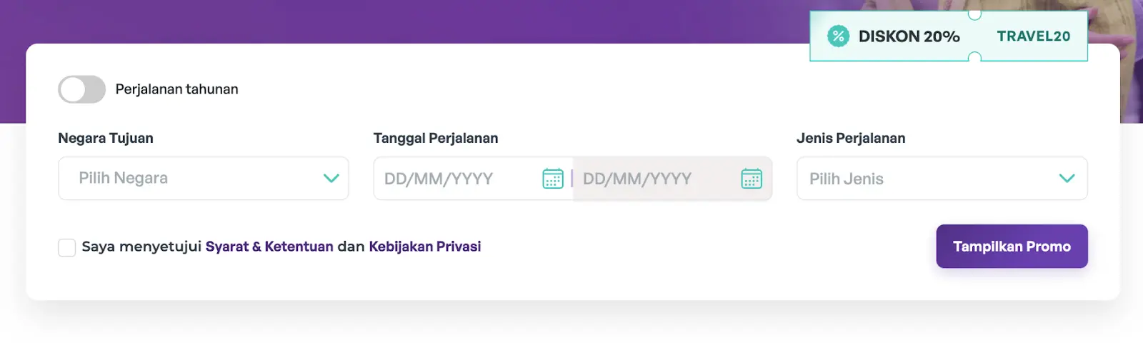Formulir pembelian Asuransi Perjalanan Oona untuk Visa Schengen dengan pilihan negara tujuan, tanggal perjalanan, dan jenis perjalanan