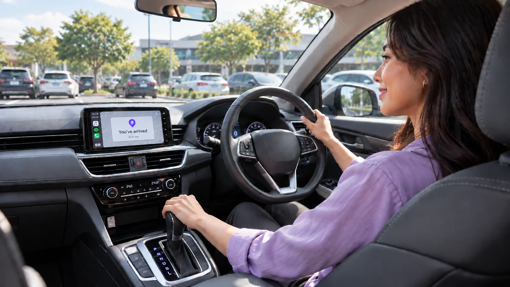 Pengemudi wanita sedang parkir dengan mobil matic miliknya