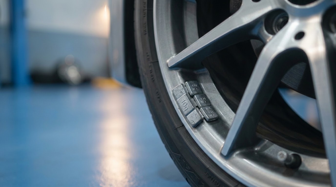 Detail pemberat balancing yang dipasang pada velg mobil di bengkel