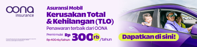 Banner Oona Insurance untuk asuransi mobil Kerusakan Total & Kehilangan (TLO) dengan premi mulai Rp300 ribu per tahun, menampilkan keluarga di mobil ungu dan tombol “Dapatkan di sini!
