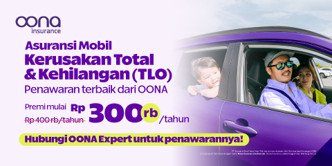 Banner Oona Insurance untuk asuransi mobil Kerusakan Total & Kehilangan (TLO) dengan premi mulai Rp300 ribu per tahun, menampilkan keluarga di mobil ungu dan tombol “Hubungi OONA Expert untuk penawarannya!