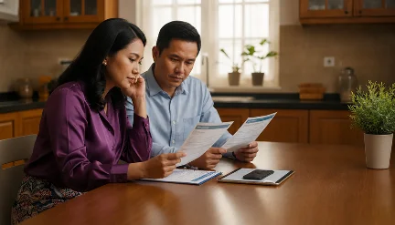 Couple compares car insurance documents at home.