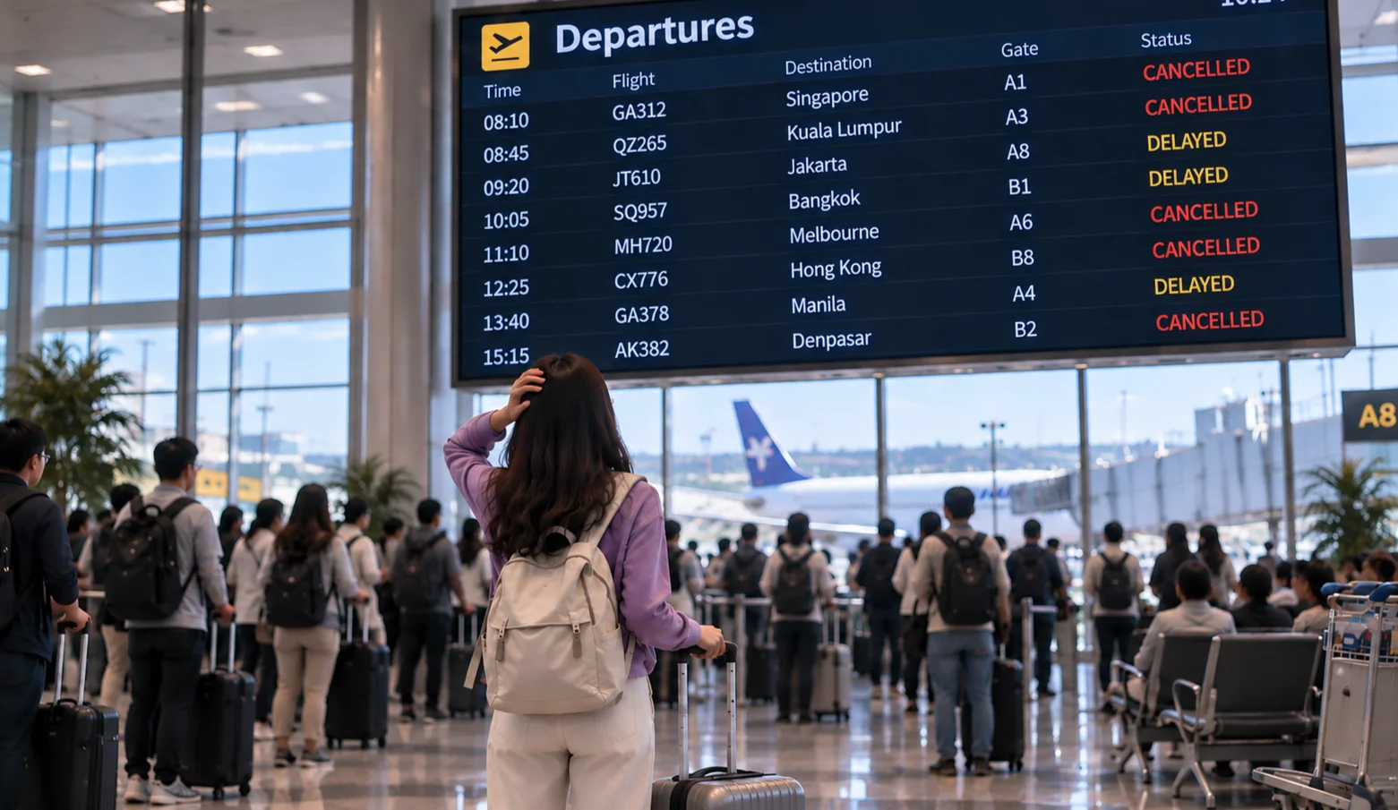 Seorang wanita terlihat kaget saat melihat departure board