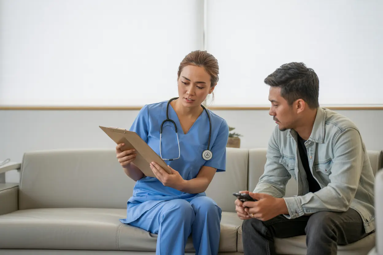 Seorang pekerja kesehatan wanita mengenakan seragam biru muda dan stetoskop di lehernya duduk di sofa, meninjau dokumen medis di papan klip. Seorang pasien pria dengan jaket denim ringan dan celana gelap duduk di sebelahnya, melihat ponsel di tangannya.