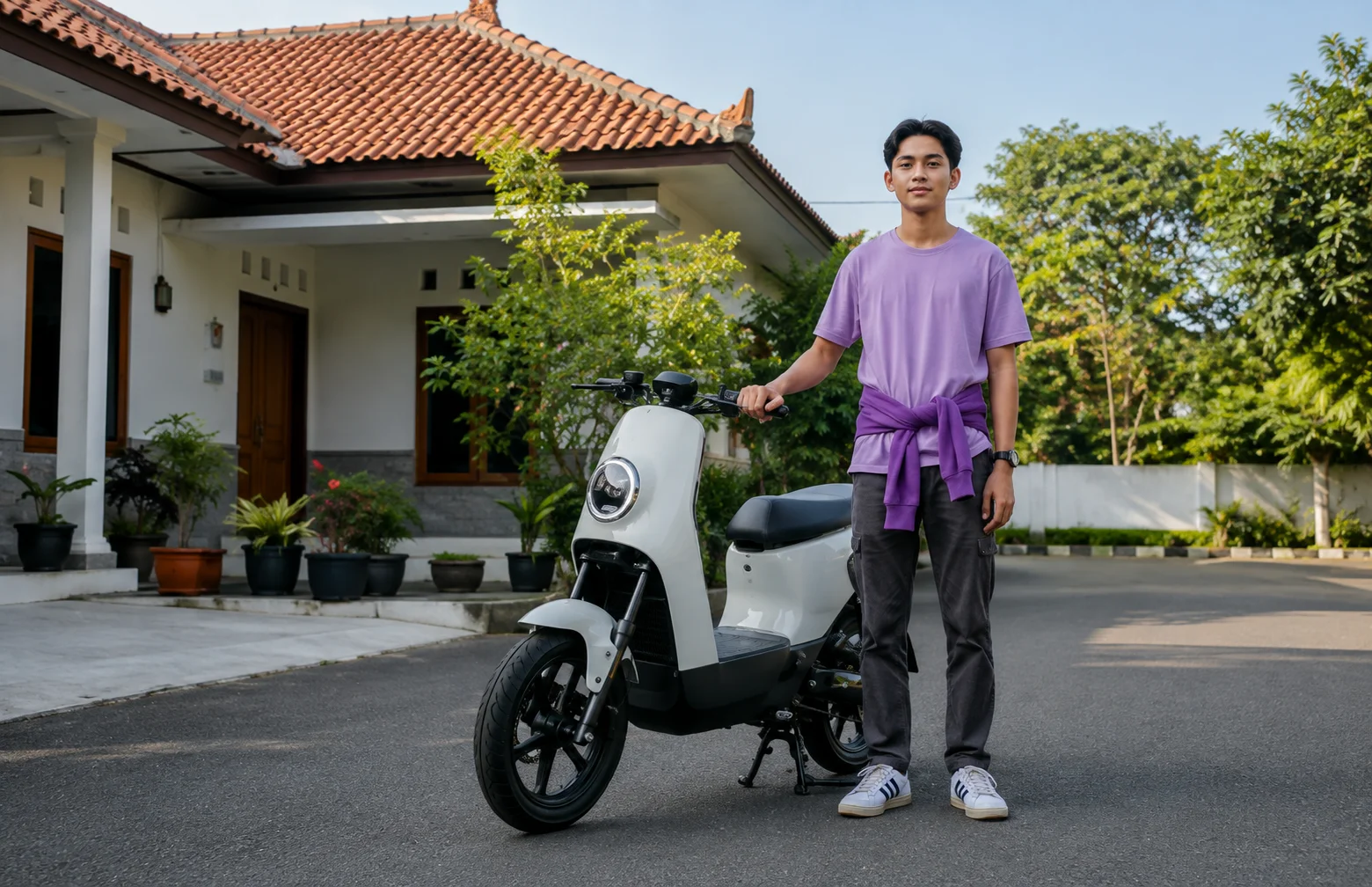 Pengendara berdiri bersama motor listrik di depan rumah