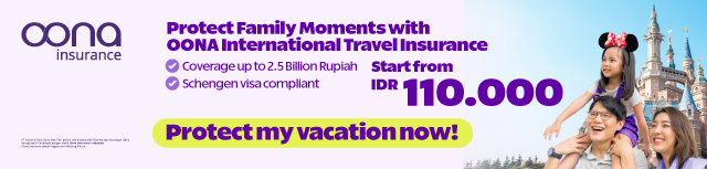 Oona Insurance banner promoting international travel insurance starting from IDR 110,000, offering coverage up to 2.5 billion Rupiah and Schengen visa compliance, featuring a smiling family in front of a castle-themed tourist destination.