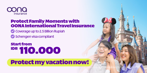 Oona Insurance banner promoting international travel insurance starting from IDR 110,000, offering coverage up to 2.5 billion Rupiah and Schengen visa compliance, featuring a smiling family in front of a castle-themed tourist destination.