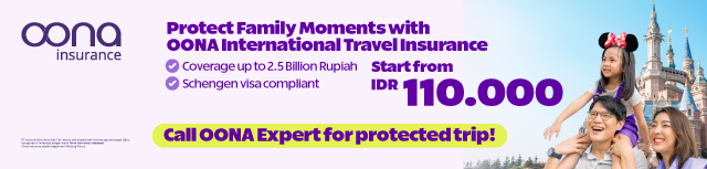 Oona Insurance promotional banner for international travel insurance starting from IDR 110,000, featuring coverage up to 2.5 billion Rupiah, Schengen-compliant benefits, and a smiling family in front of a castle-themed tourist destination.