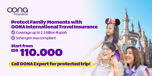 Oona Insurance promotional banner for international travel insurance starting from IDR 110,000, featuring coverage up to 2.5 billion Rupiah, Schengen-compliant benefits, and a smiling family in front of a castle-themed tourist destination.