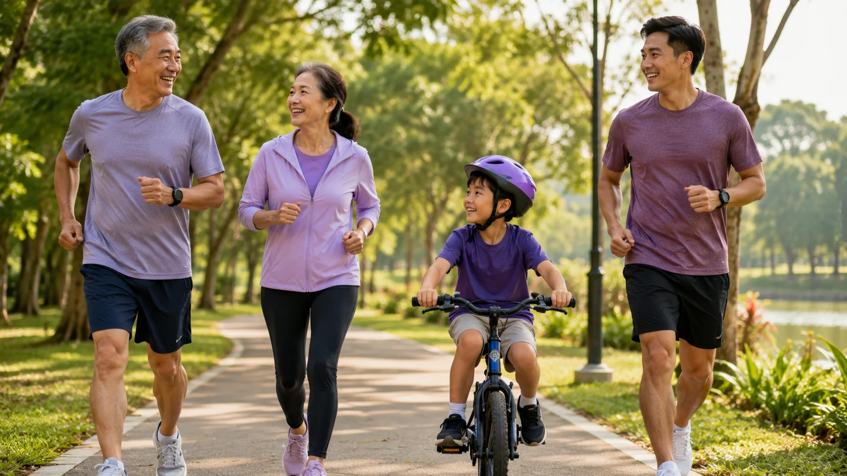 Keluarga sedang jogging santai di taman