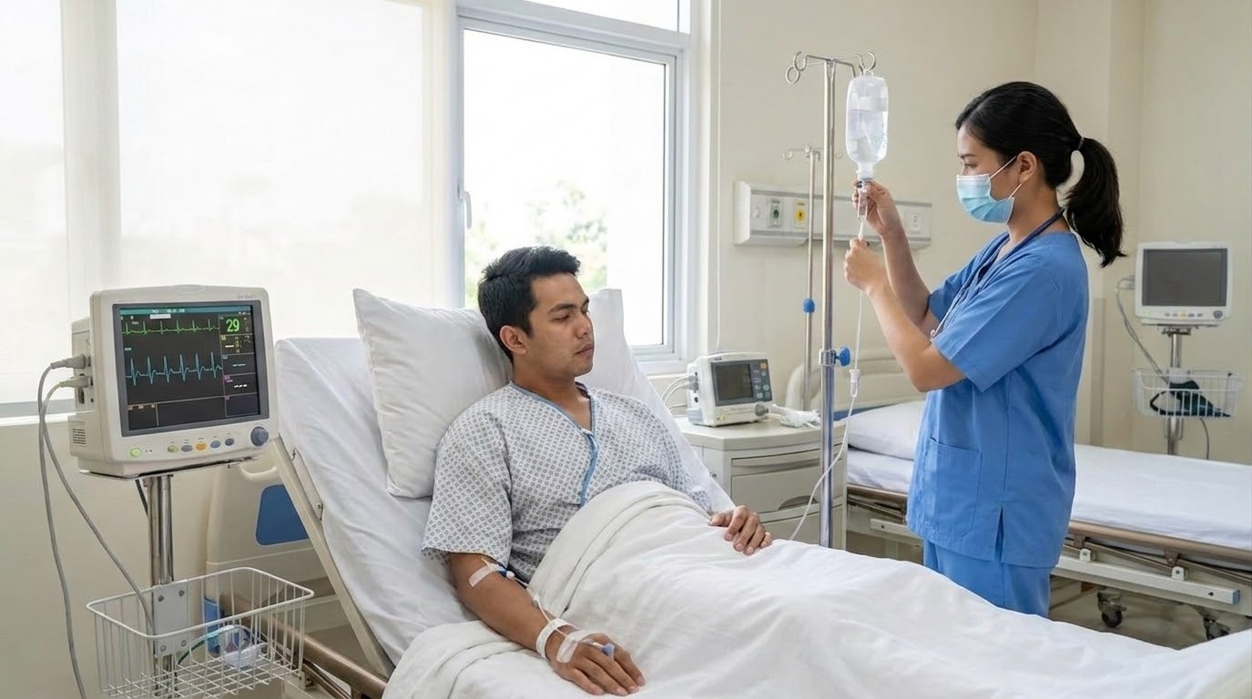 Seorang tenaga medis sedang menangani terapi infus (IV) pasien di ruang rumah sakit modern yang dilengkapi dengan peralatan lengkap.