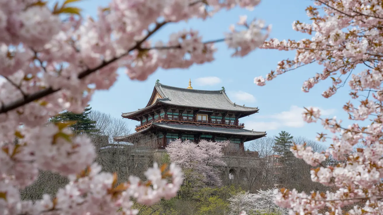 Pemandangan Kuil Bulguksa yang dikelilingi pohon sakura mekar merah muda cerah di latar depan, pepohonan hijau, dan langit biru cerah yang memukau.