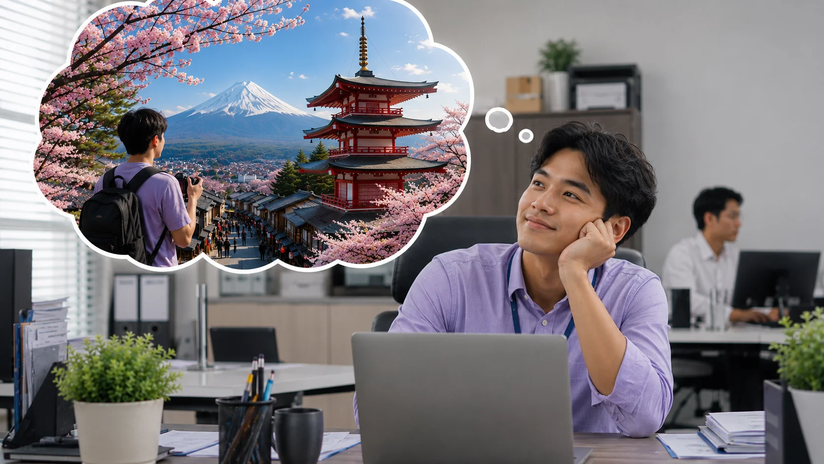Karyawan kantor sedang membayangkan liburan ke Jepang dengan latar Gunung Fuji, bunga sakura, dan Pagoda Chureito dalam gelembung pikiran.