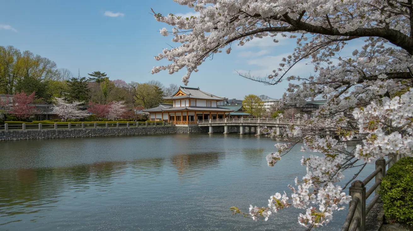 Pemandangan indah di Shukkeien Garden saat musim semi, dengan pohon sakura mekar putih muda yang bergantung di atas jembatan kayu tradisional yang menghubungkan bangunan beratap genteng abu-abu ke tepi sungai tenang, dikelilingi pepohonan hijau rindang dan pagar batu di bawah langit biru cerah berawan tipis.