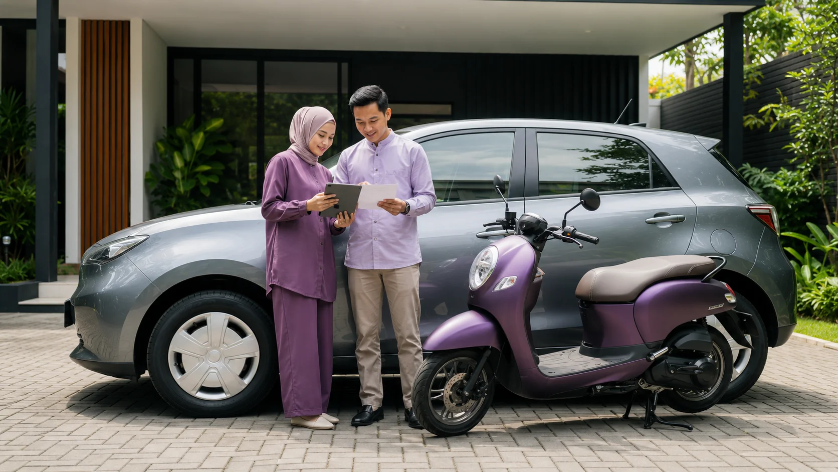 Pasangan Indonesia sedang memeriksa dokumen perlindungan mobil dan motor