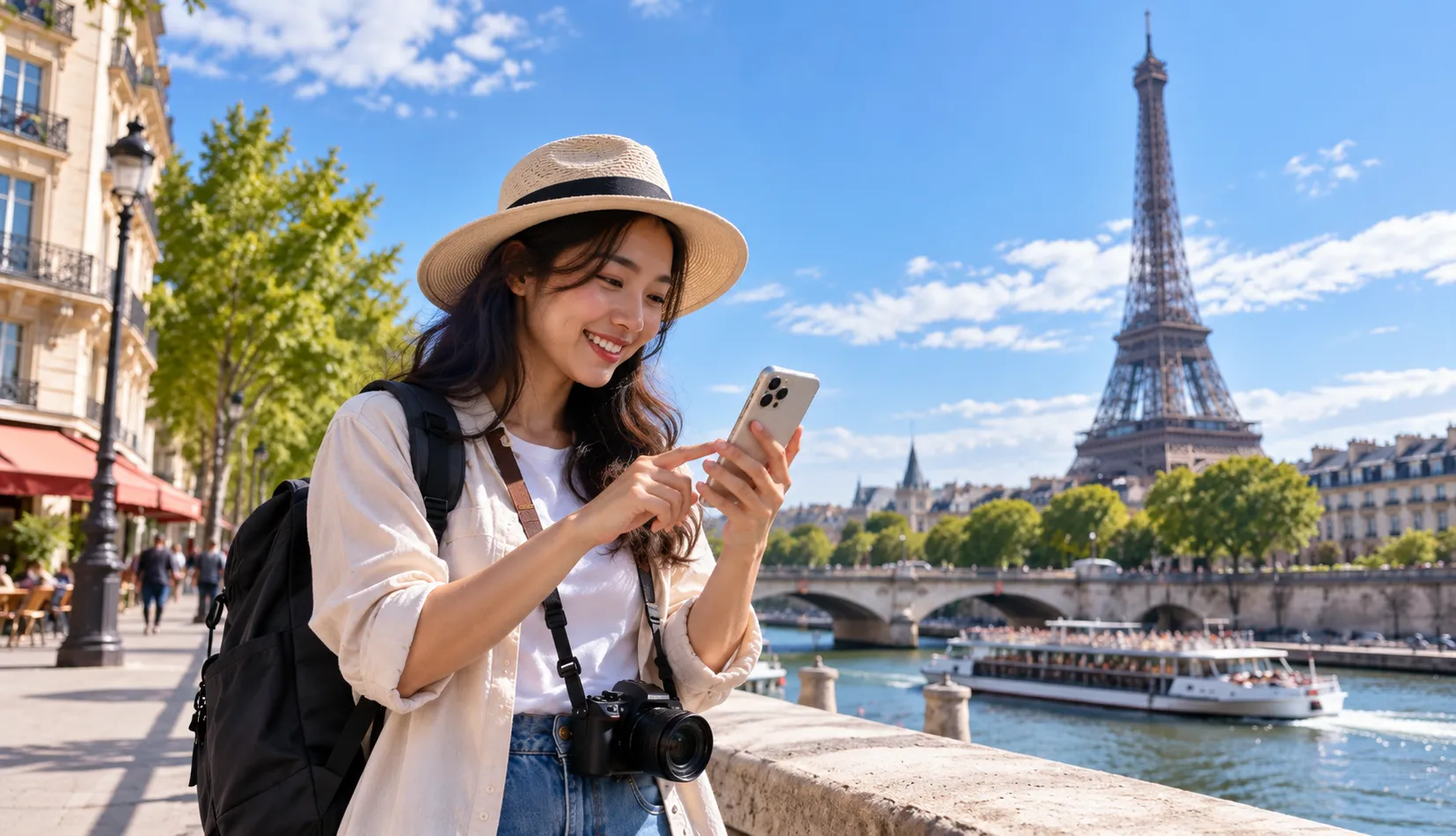 Illustration of a traveler using a smartphone while traveling abroad
