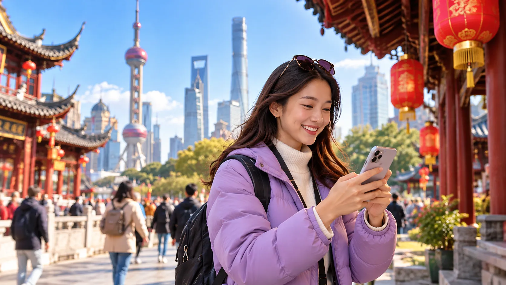 Indonesian traveler using a smartphone for navigation while vacationing in China