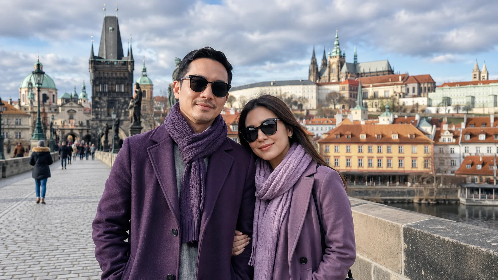 Pasangan Indonesia berwisata di Eropa dengan pemandangan kota tua di belakang mereka