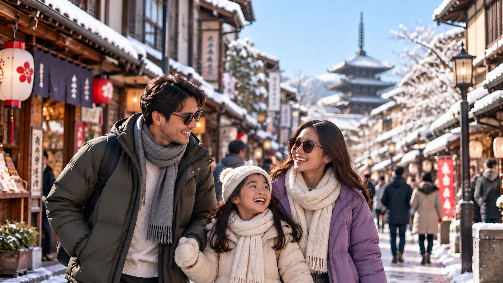 An Indonesian family in Japan during winter.