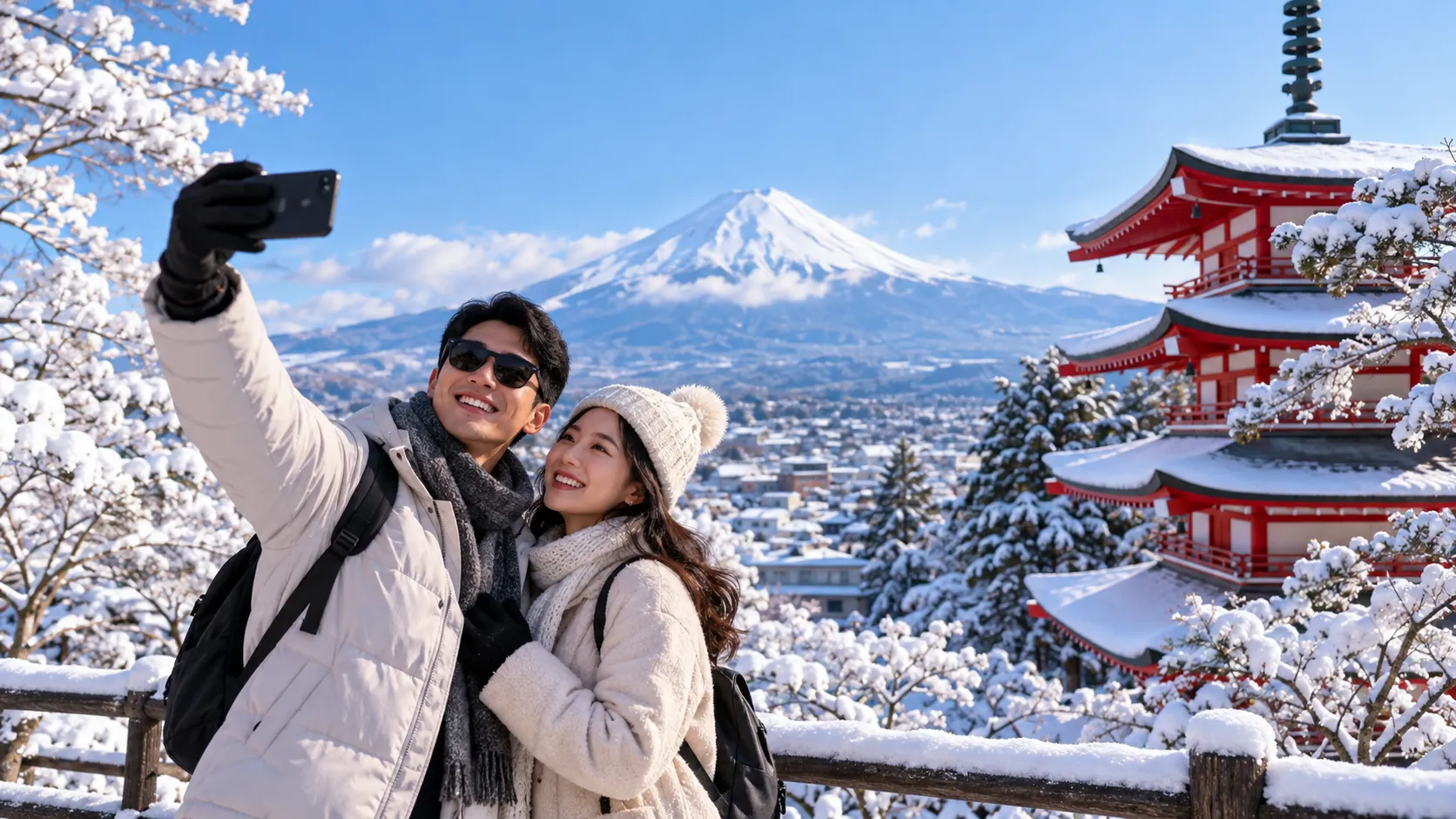 Pasangan wisatawan Indonesia mengenakan jaket musim dingin menikmati pemandangan bersalju di Jepang.