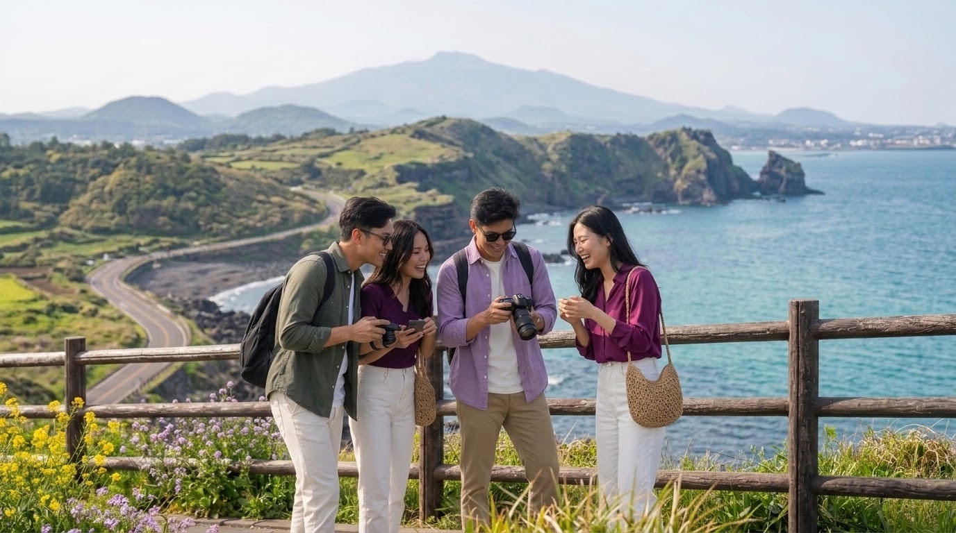 Empat wisatawan Indonesia menikmati pemandangan Jeju Island, Korea Selatan, dengan latar pantai biru, perbukitan hijau, dan panorama alam yang memukau.