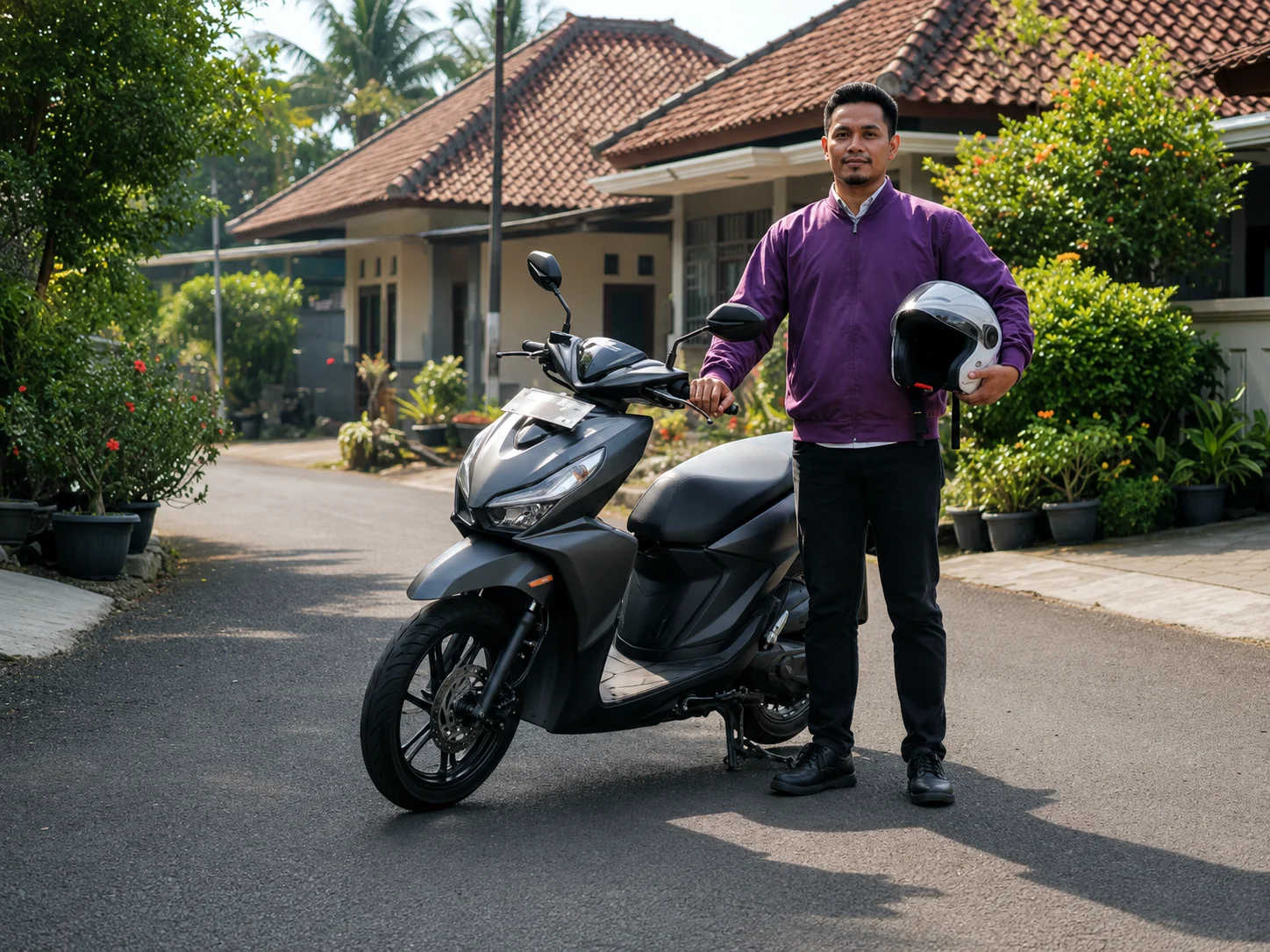 Pengendara berdiri di samping motor skuter sambil membawa helm