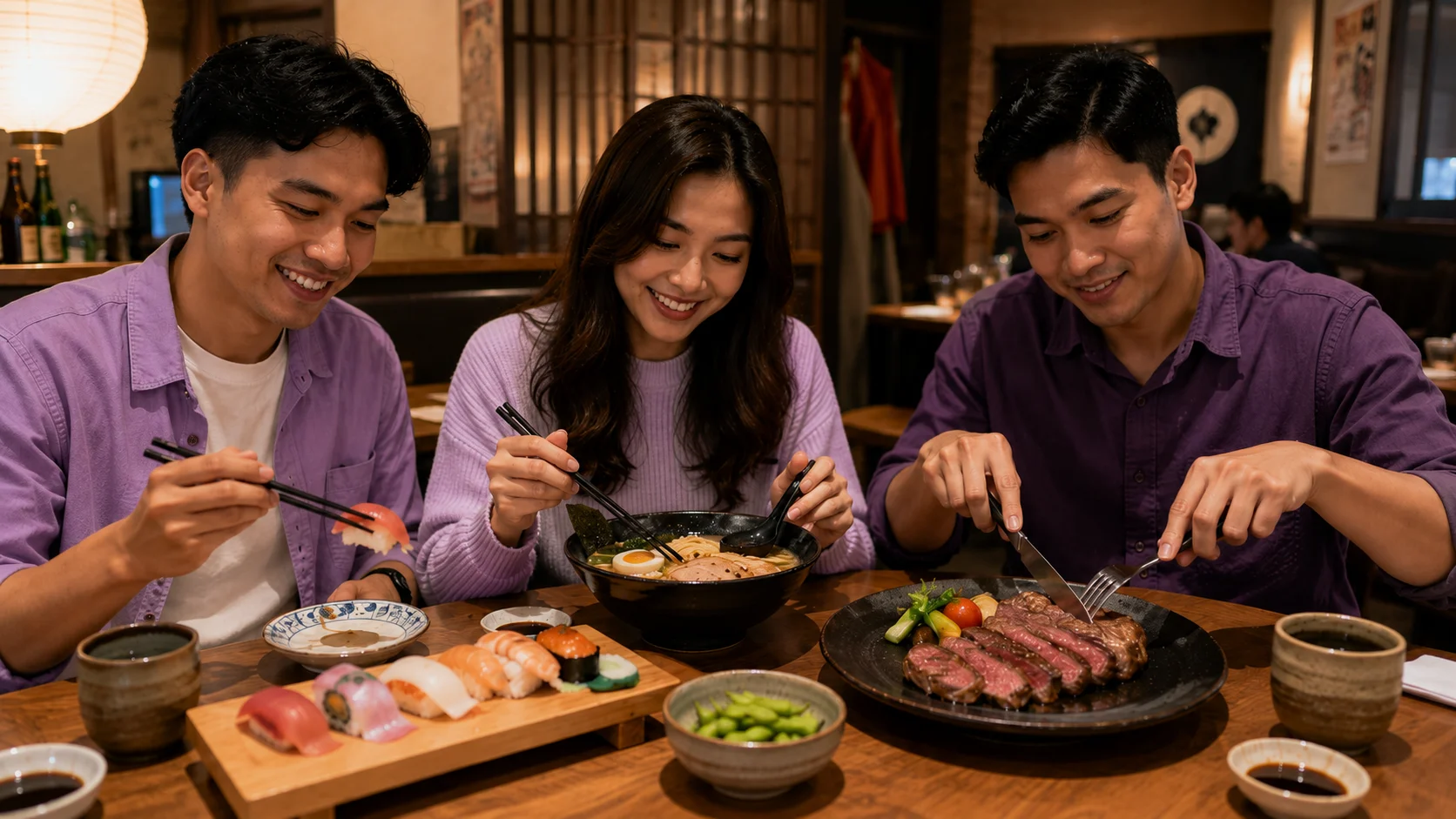 Tiga wisatawan Indonesia menikmati pengalaman kuliner di restoran Jepang dengan hidangan sushi, ramen, dan wagyu steak dalam suasana hangat dan autentik.