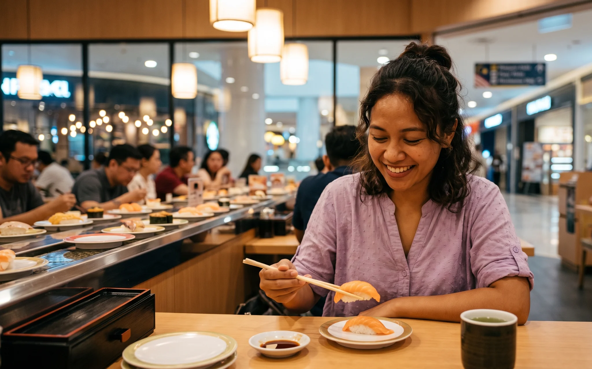 Seorang perempuan Indonesia berambut ikal yang diikat longgar ke belakang tersenyum sambil menikmati hidangan di restoran sushi conveyor belt di dalam sebuah pusat perbelanjaan di Kuala Lumpur.