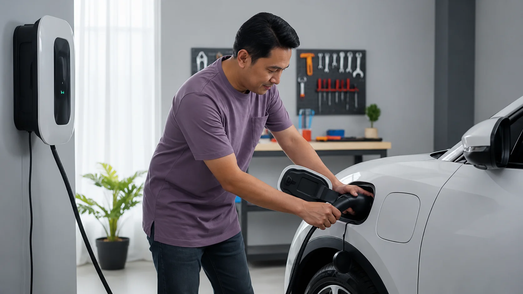 Seorang pria sedang mengisi daya mobil listrik di garasi rumahnya