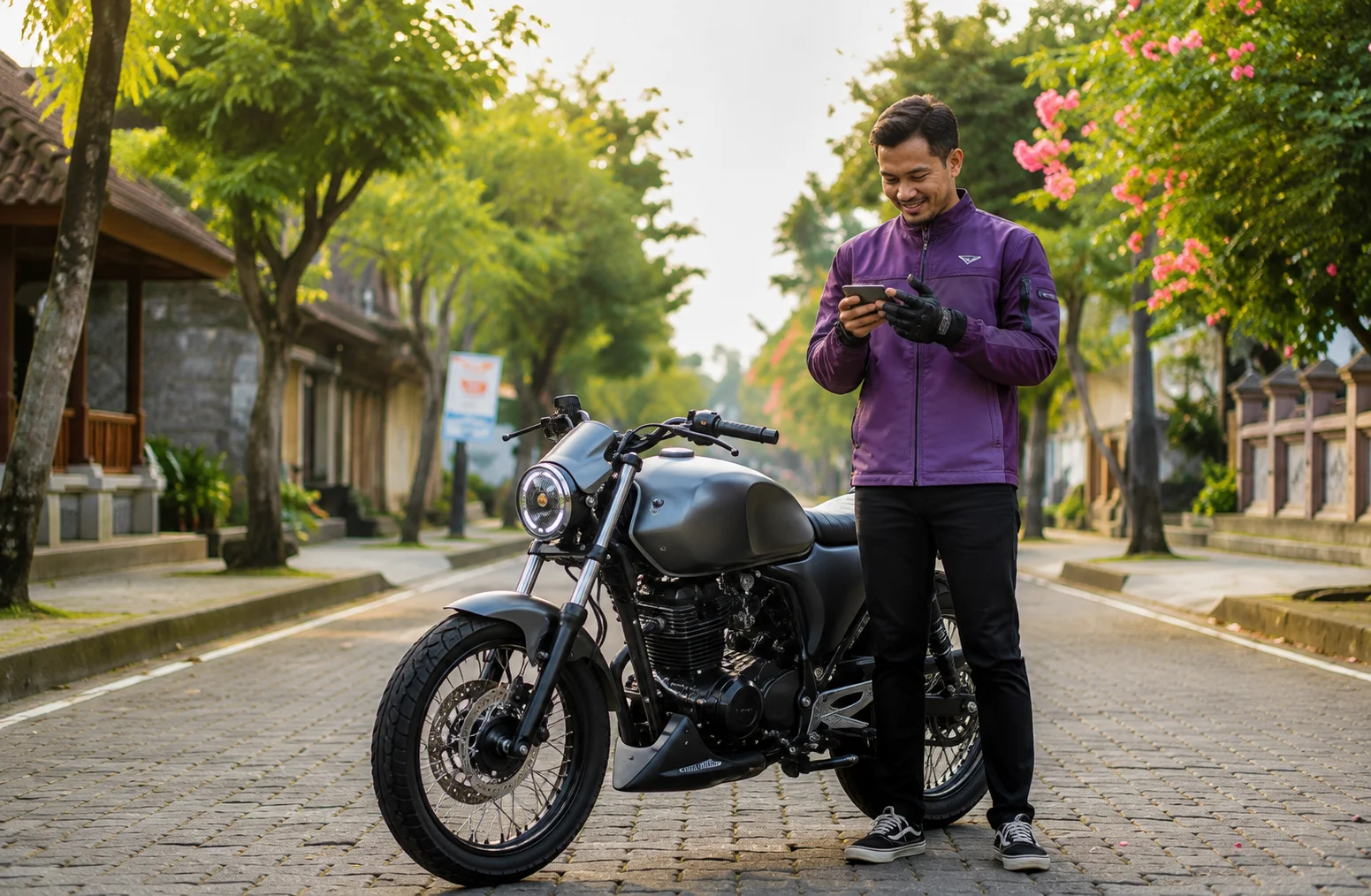 Pria memeriksa ponsel di samping sepeda motor