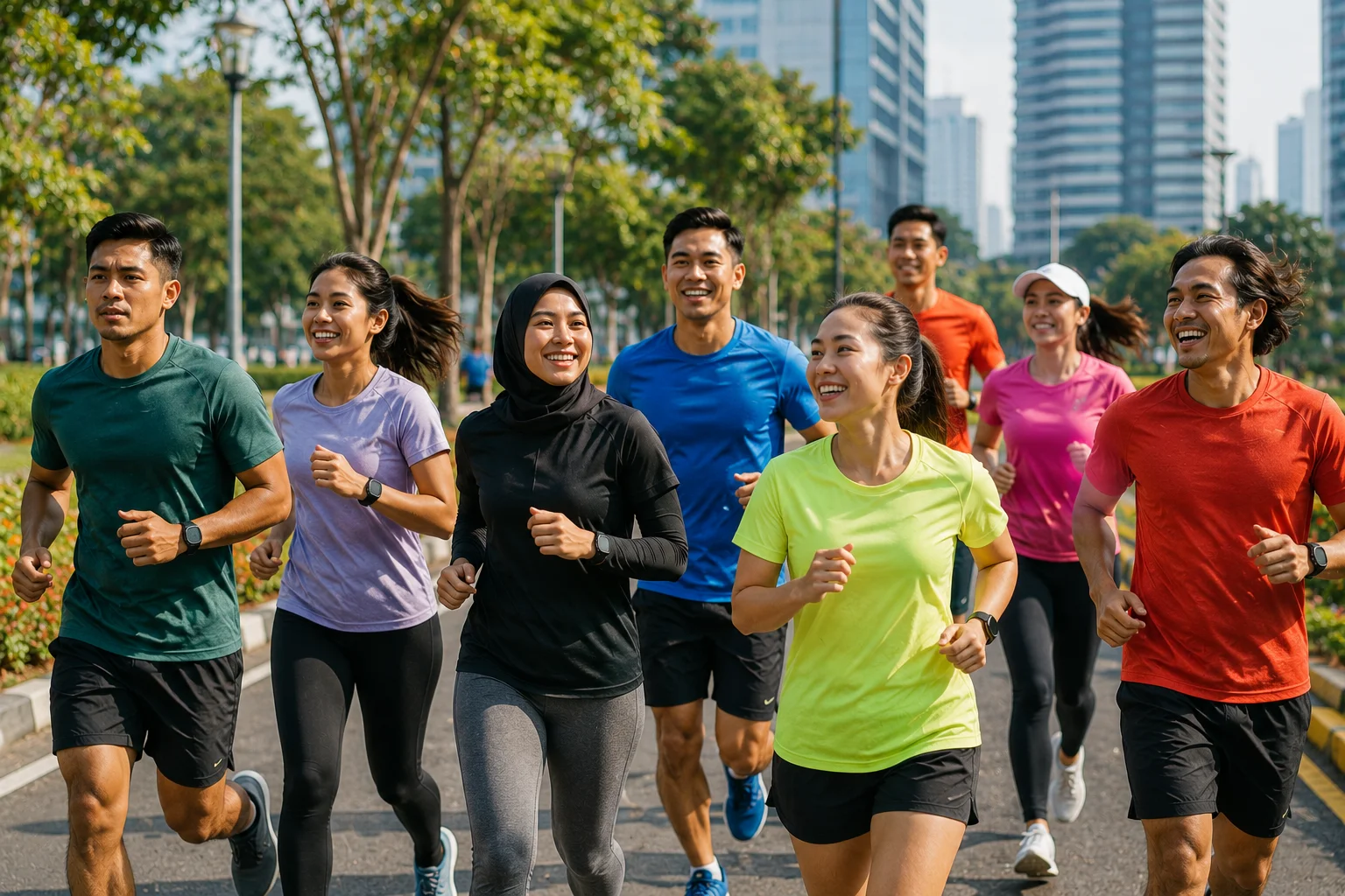 Sekumpulan geng sedang berlatih lari bersama di pagi hari