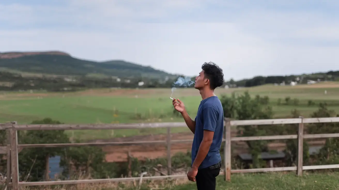 Foto profil sampingan seorang pria muda dengan rambut keriting gelap mengenakan kaus biru tua, berdiri di lereng berumput sambil merokok.