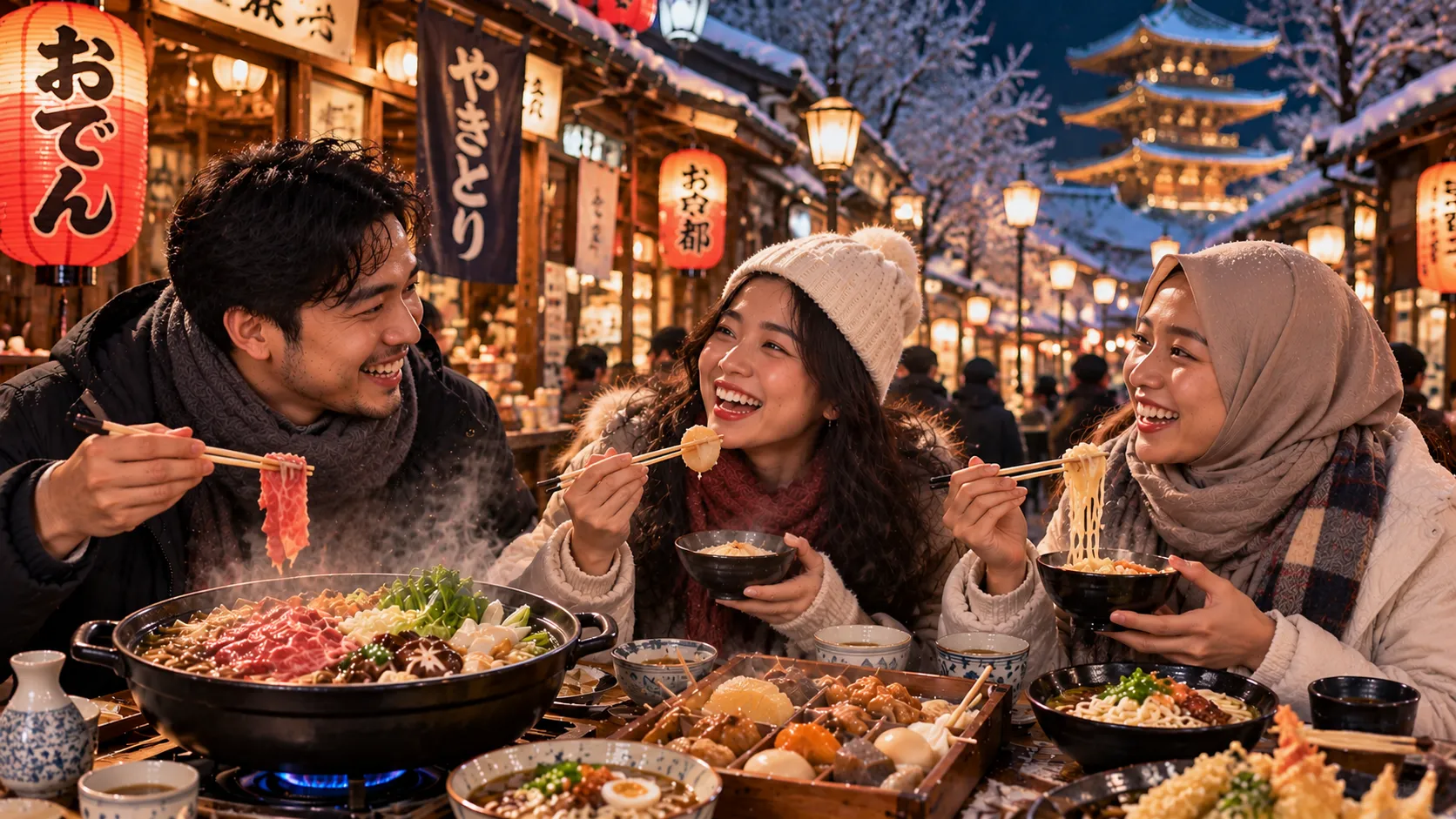 A group of Indonesian friends enjoying winter food in Japan