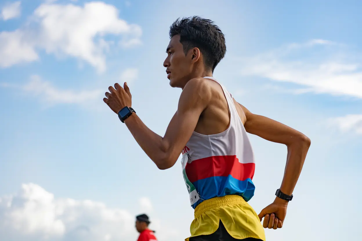 Foto olahraga seorang pelari pria Indonesia muda sedang berlari dalam langkah tengah, dengan latar belakang langit biru cerah berawan putih.