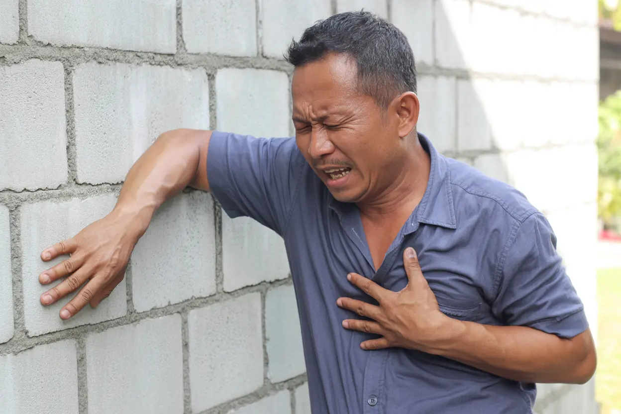 Seorang pria Indonesia paruh baya yang mengalami nyeri dada di depan dinding blok beton abu-abu muda.