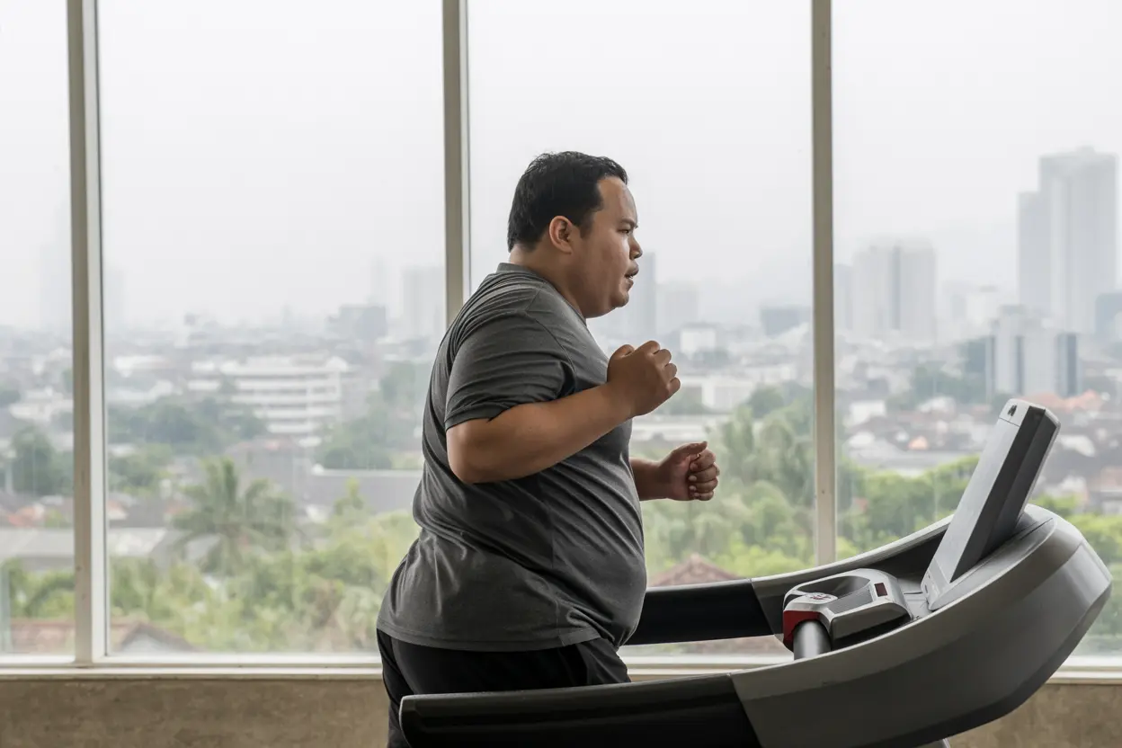 Foto sampingan seorang pria Indonesia paruh baya yang sedang berolahraga di atas treadmill modern di depan jendela dari lantai ke langit-langit.