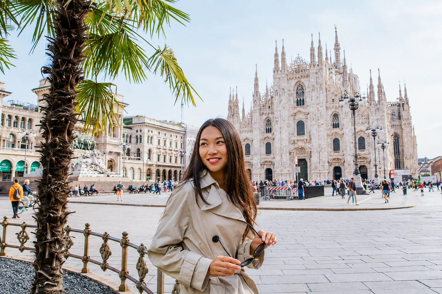 Woman visiting Milan Cathedral during a Schengen trip