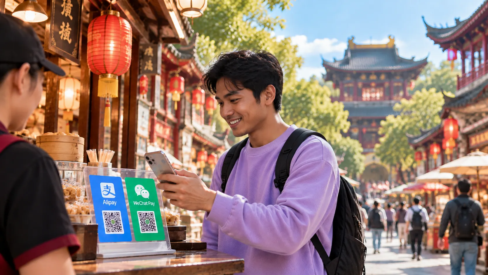 An Indonesian traveler making a payment using a smartphone while vacationing in China.