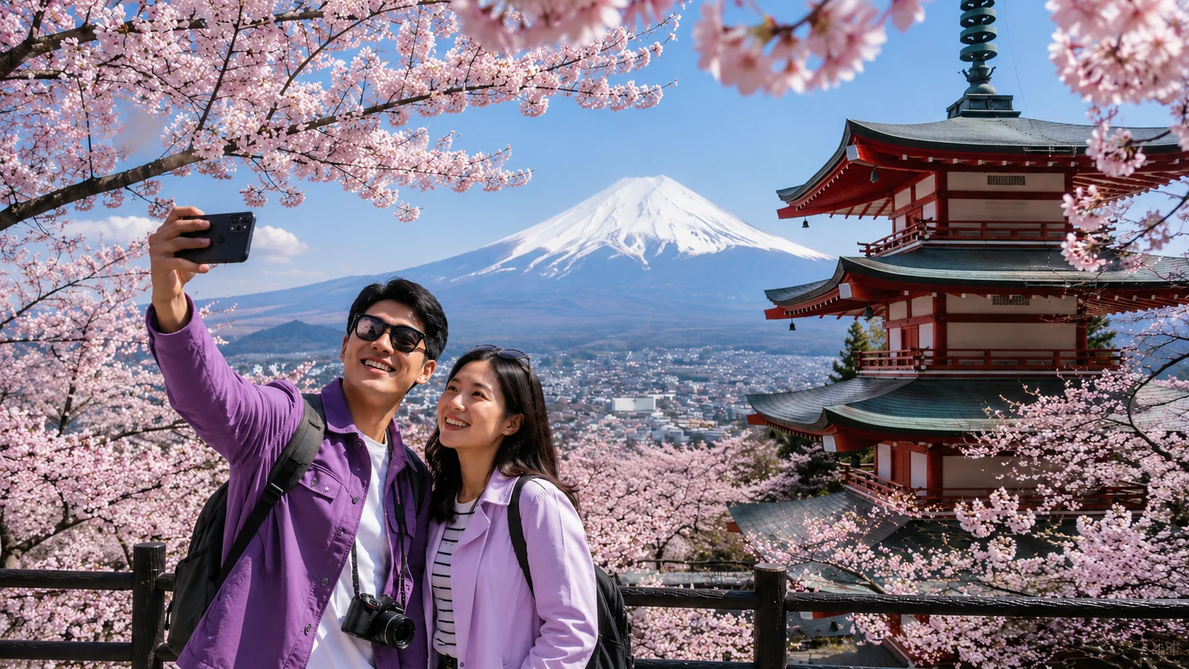 Dua pasangan wisatawan Indonesia menikmati liburan di Jepang saat musim semi dengan latar bunga sakura yang sedang bermekaran.