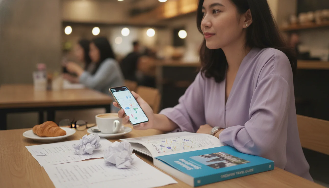 Wisatawan Indonesia duduk di kafe dan sedang membuat rencana perjalanan ke Singapura. Ia terlihat sedang berpikir apalagi yang perlu dimasukan ke daftar perjalanan.