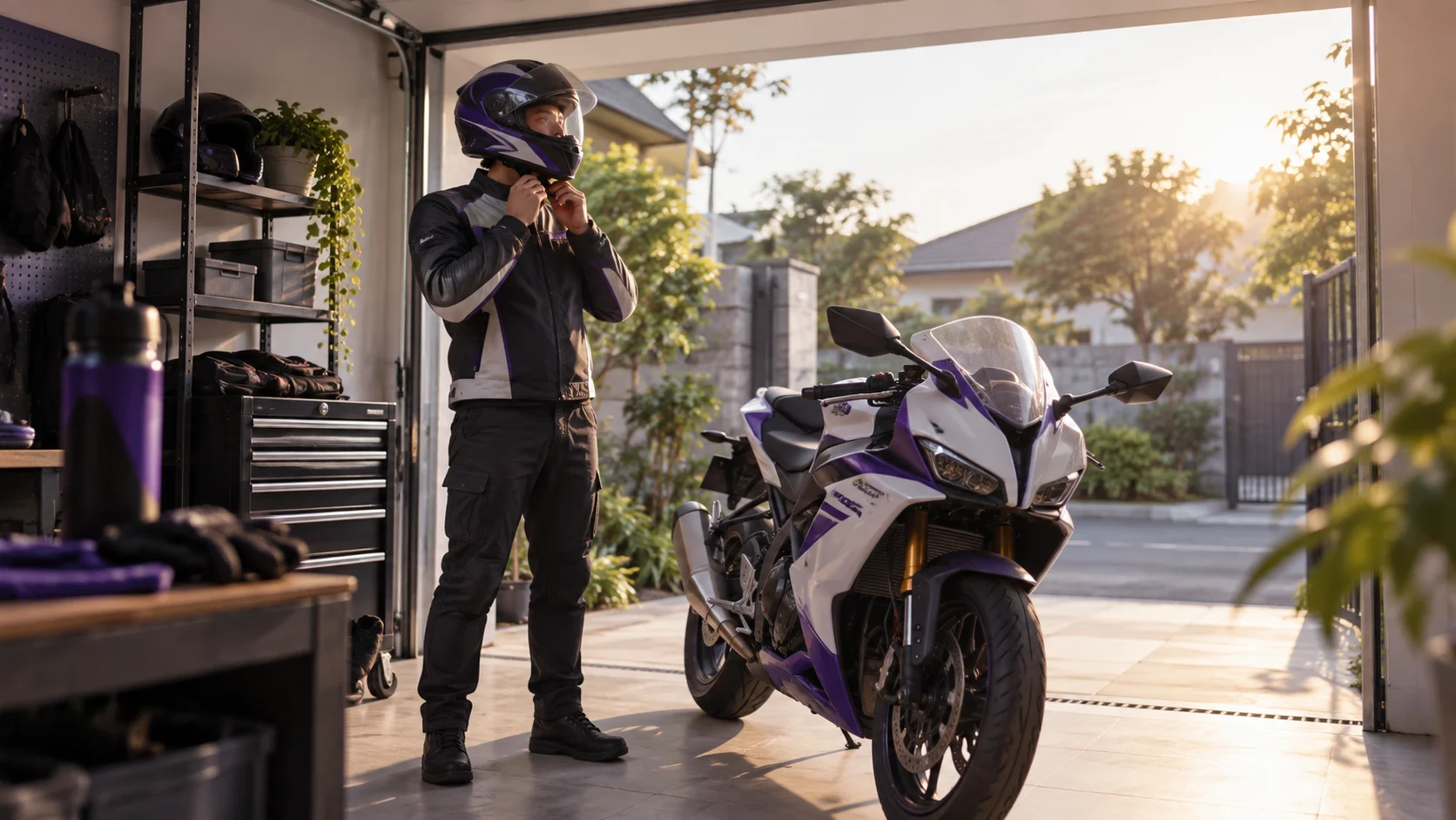 Illustration of a rider preparing for a Sunday Morning Ride beside a motorcycle at home in the morning