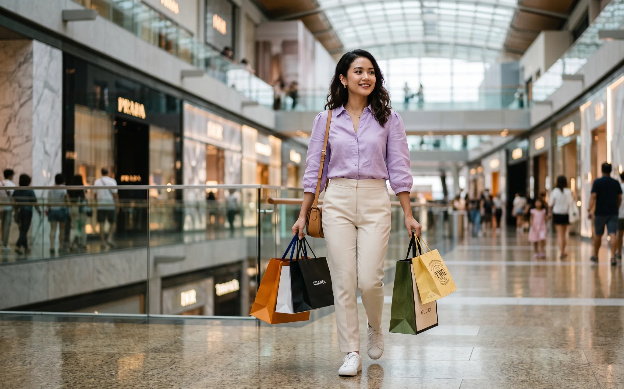 Seorang perempuan Indonesia berjalan di The Shoppes at Marina Bay Sands, Singapura.
