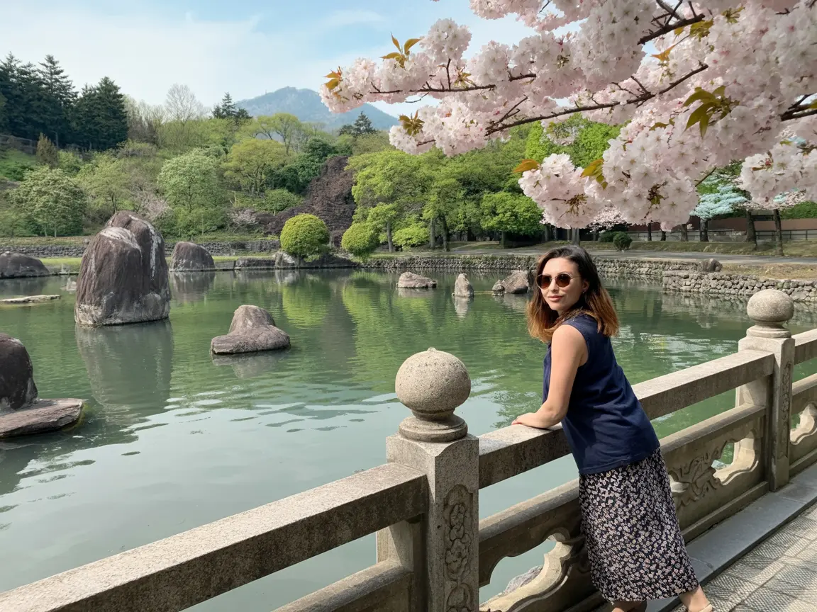Seorang wanita berambut sebahu dengan kacamata hitam berdiri santai bersandar pada pagar batu berukir sambil memandang kolam hijau tenang berbatu-batu besar di Maruyama Park, Sapporo, Jepang yang indah, dikelilingi pohon sakura mekar pink cerah, pepohonan hijau rindang, dan bukit berlatar langit biru cerah.