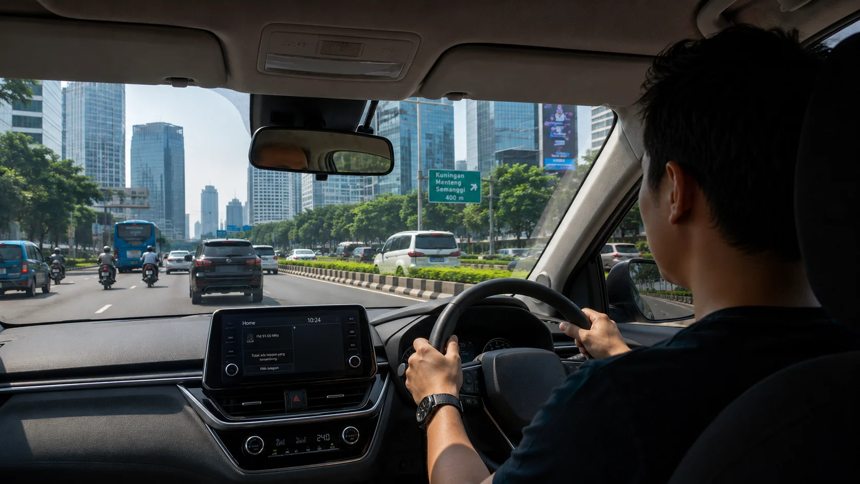 Seorang pria sedang menyetir mobil dengan tenang dna nyaman