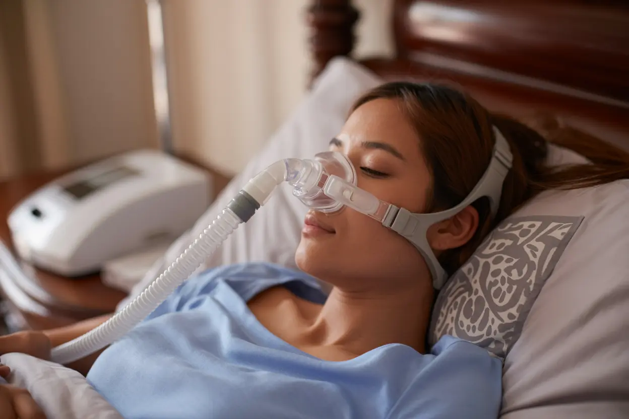 Sebuah foto close-up seorang wanita muda Indonesia yang sedang tidur sambil menggunakan masker CPAP (Continuous Positive Airway Pressure) di dalam kamar tidur.