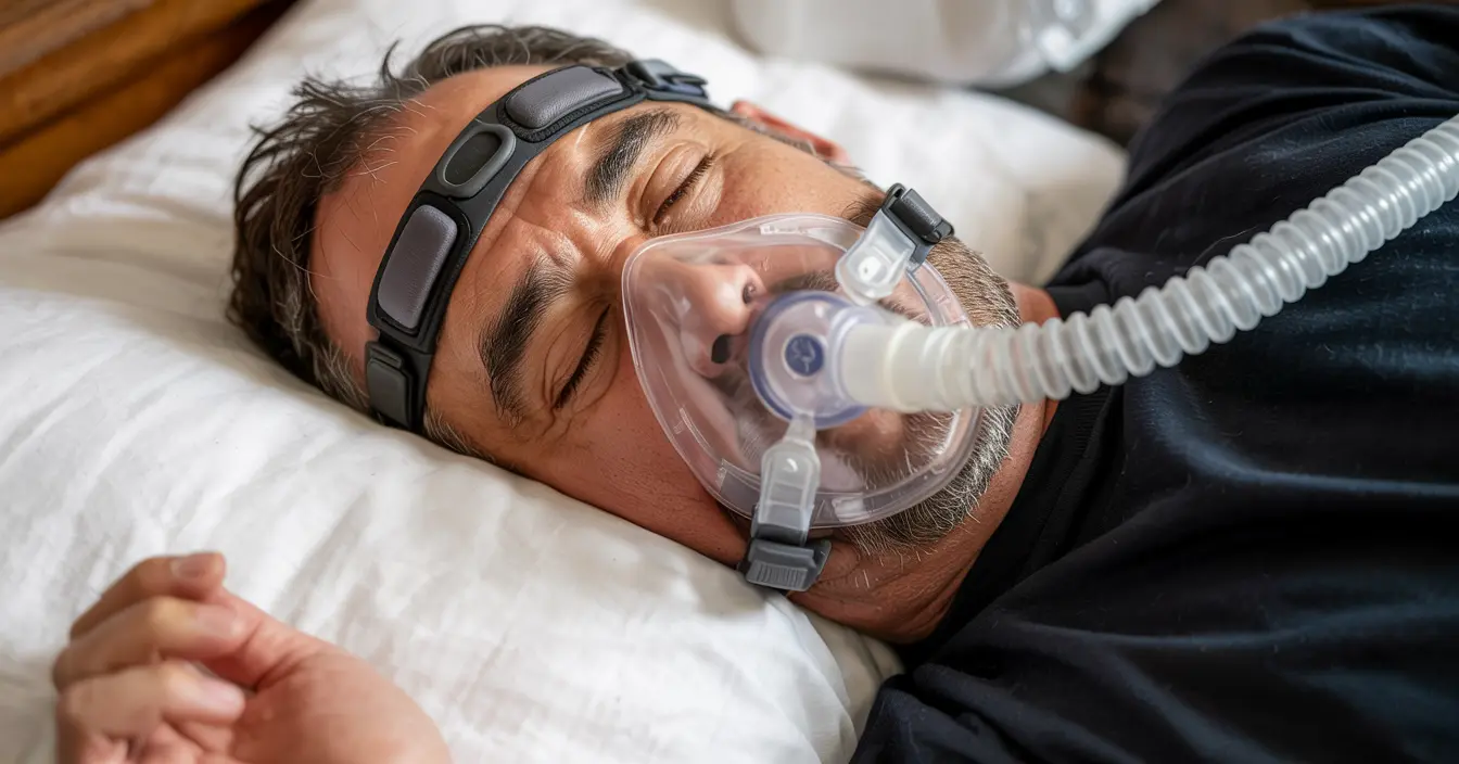 Sebuah foto close-up seorang lelaki Indonesia yang sedang tidur sambil menggunakan masker CPAP (Continuous Positive Airway Pressure) di dalam kamar tidur.