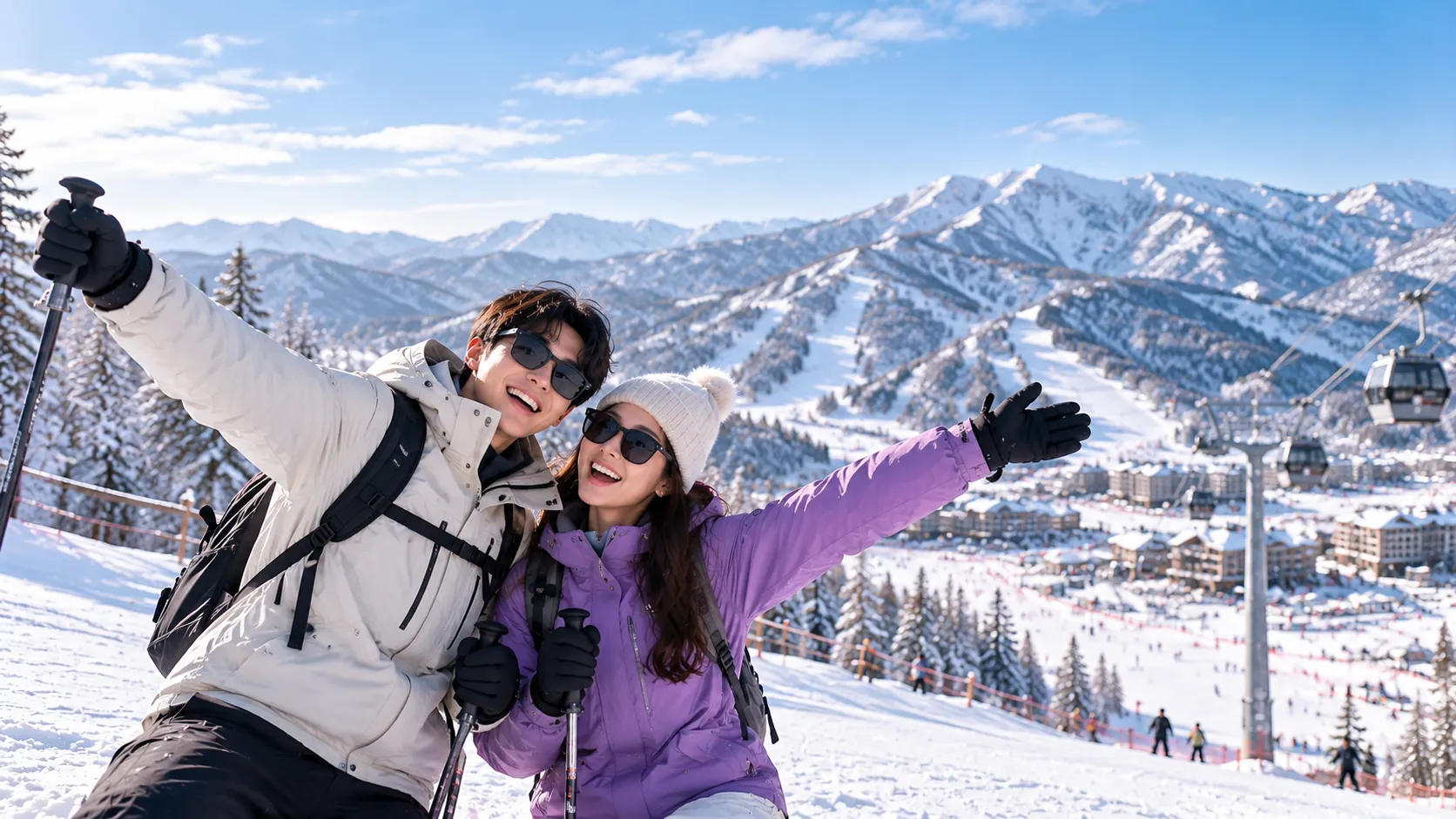 Wisatawan menikmati suasana musim dingin Korea Selatan dengan latar pegunungan bersalju dan aktivitas ski
