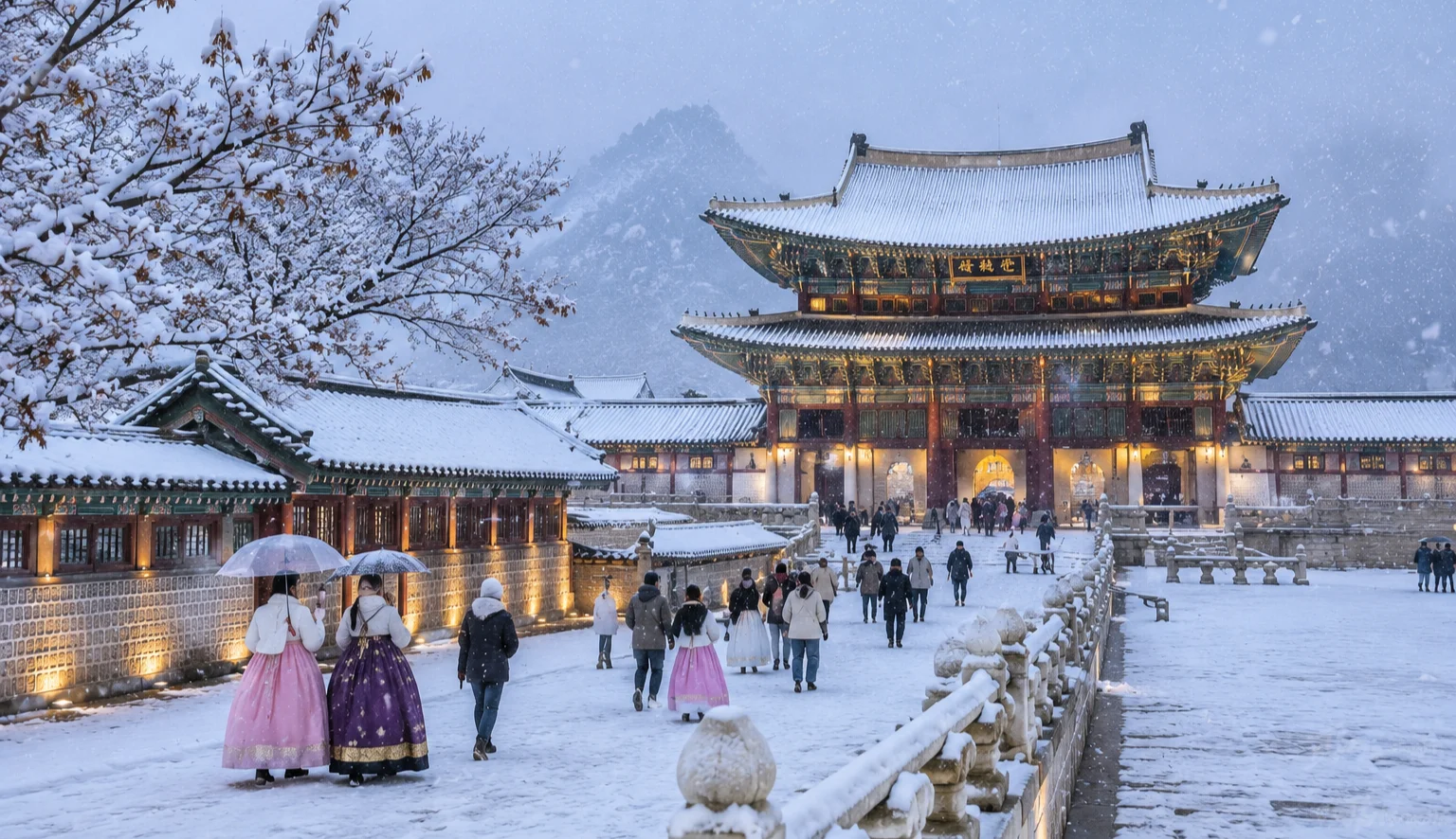 Illustration of winter scenery at Gyeongbokgung Palace